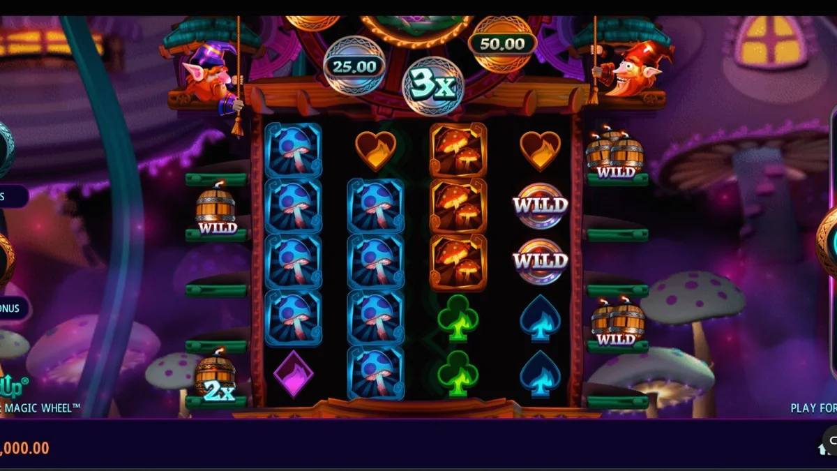 Tampilan visual slot Fire Gnomes 2 Magic Wheel dengan tema hutan jamur yang penuh warna dan karakter gnome yang unik.