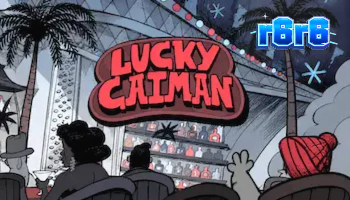 Tampilan visual slot Lucky Caiman dengan tema lounge noir dan karakter buaya.